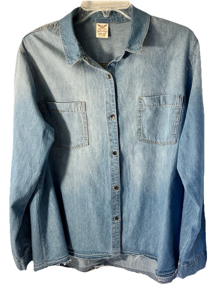 Faded Glory Shirt Womens 2X Denim Blue Button Up Long Sleeve 100% Cotton Frayed