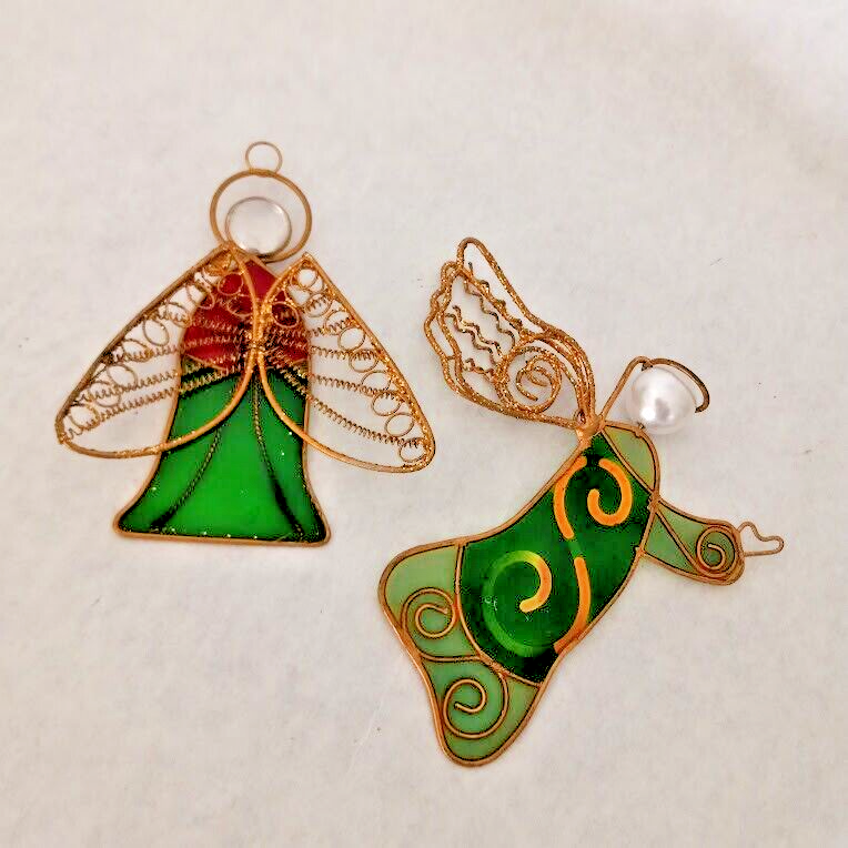 Pair Christmas Angel Ornament Stain Glass Style Suncatchers