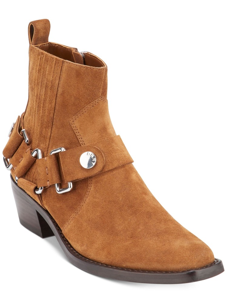 DKNY Womens Brown Harness Strap Mina Square Toe Block Heel Leather Booties 6 M