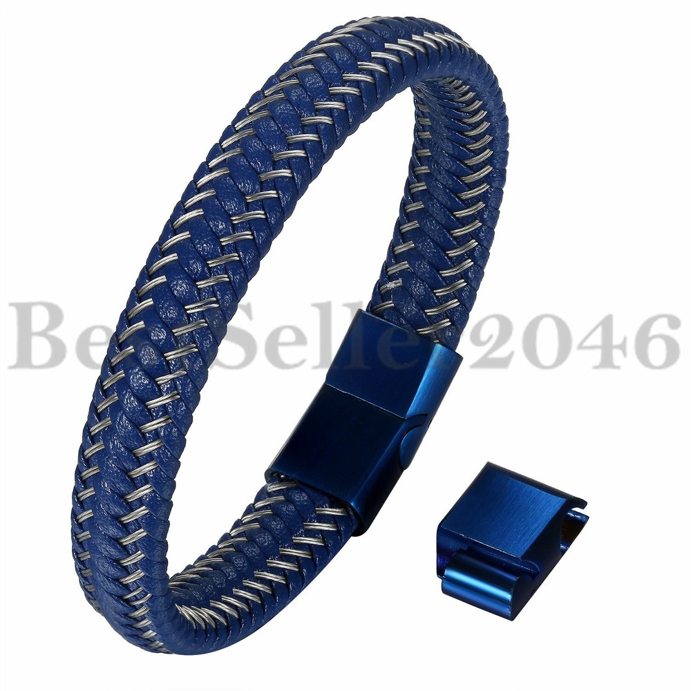 Men Blue Braided Leather Stainless Steel Magnetic Clasp Size Adjustable Bracelet
