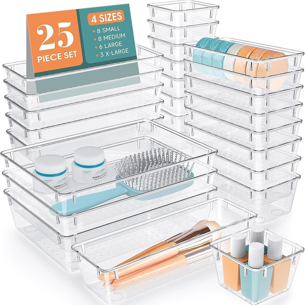 25PCS Clear Plastic Drawer Organizer Set 4 Sizes Storage Bins for Makeup Jewelry