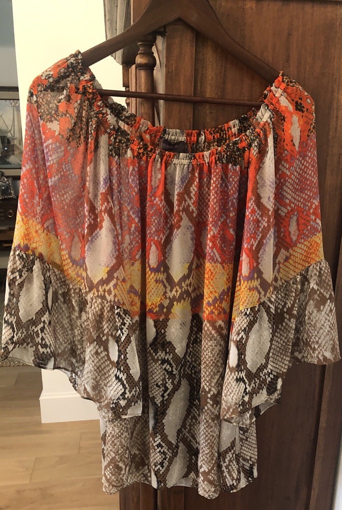HALE BOB Women’s Blouse Size Large Multi Color Black Orange Snake Print Sheer