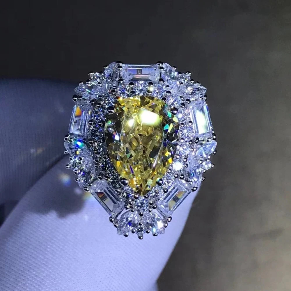 4Ct Pear Moissanite Ring 18K Yellow Gold VVS Double Halo