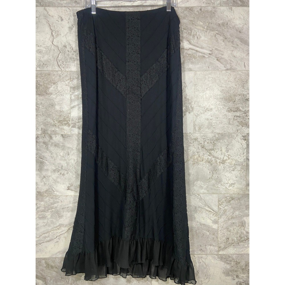 EXPRESS Womens Black Lace Trim Maxi Skirt Y2K Boho Ruffle Hem Sz L Whimsigoth
