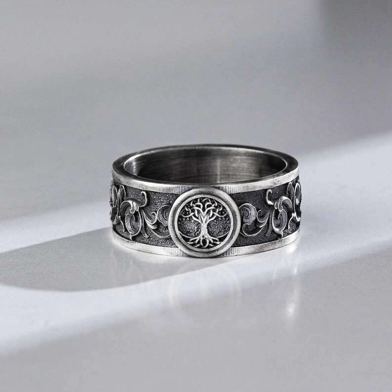 Tree of Life Ring Men's Vintage Silver Band Norse Viking Style Jewelry