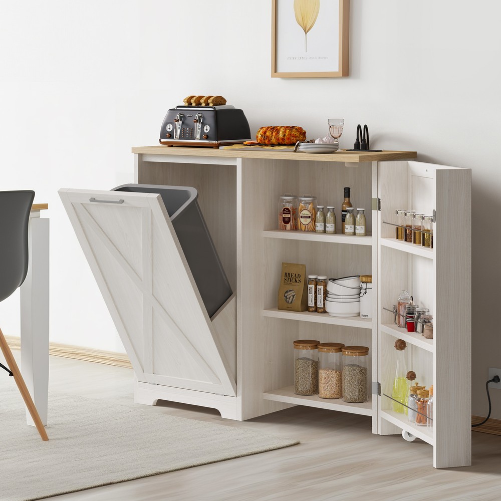 13 Gallon Kitchen Tilt Out Trash Bin Cabinet Holder Laundry Sorter with Outlet