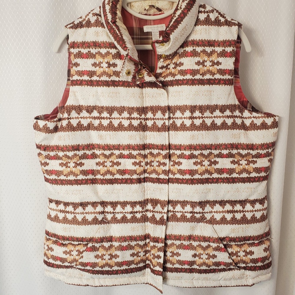 Charter Club Women's Puffer Vest  Southwest Print Multicolor Lined Size L/P