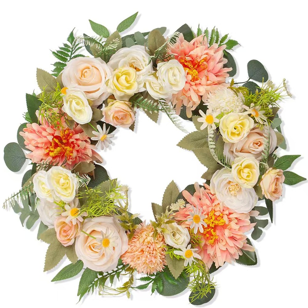 15in Spring Summer Artificial Wreath with Daisy Peony for Front Door