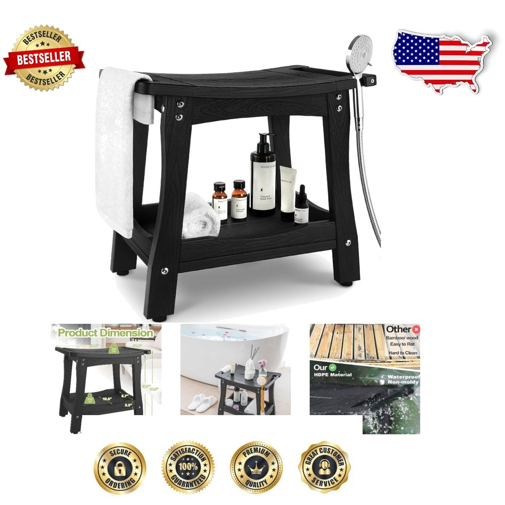 Easy Assembly Curved Shower Stool with Upper Towel Rack - Indoor & Outdoor Use