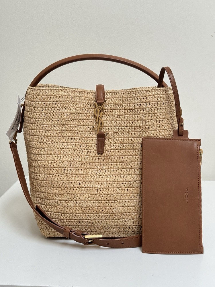 Saint Laurent Le 37 Medium Raffia Bucket Bag in Natural Brown $3200 New Authentic