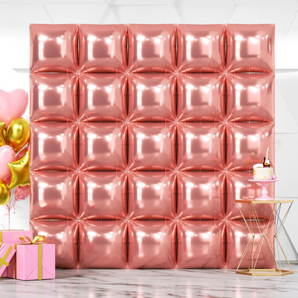 25PCS Rose Gold Square Foil Balloons Wall Backdrop Double Sided Rose Gold Bal...
