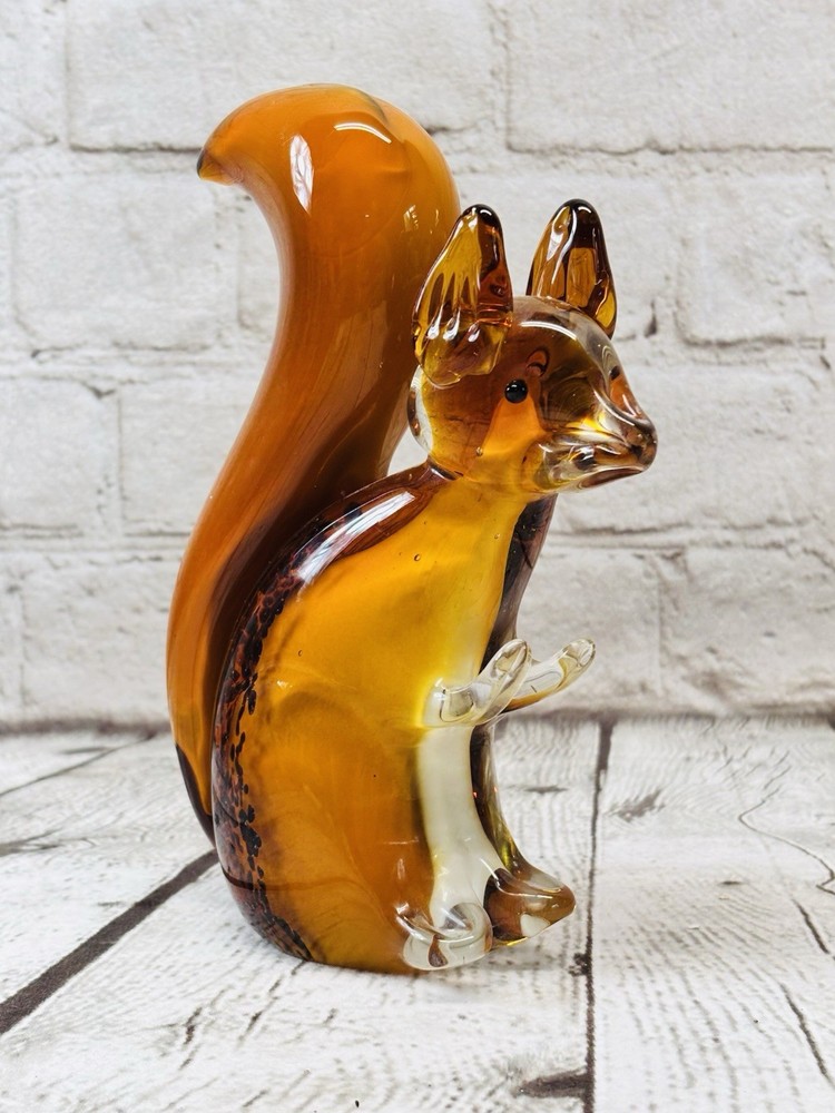 Vintage Hand Blown Amber Brown Clear Glass Squirrel Figurine 7 Inches Tall