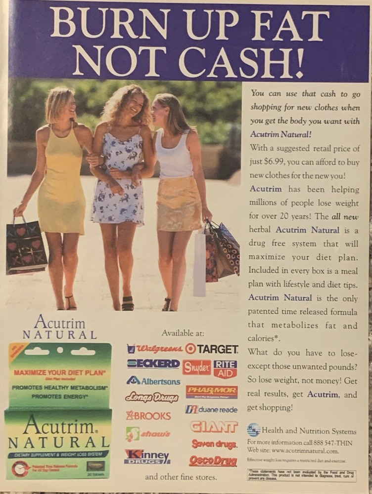 2002 Acutrim Natural Weight Loss System Fad PRINT AD Burn Fat Not Cash VTG 2000s