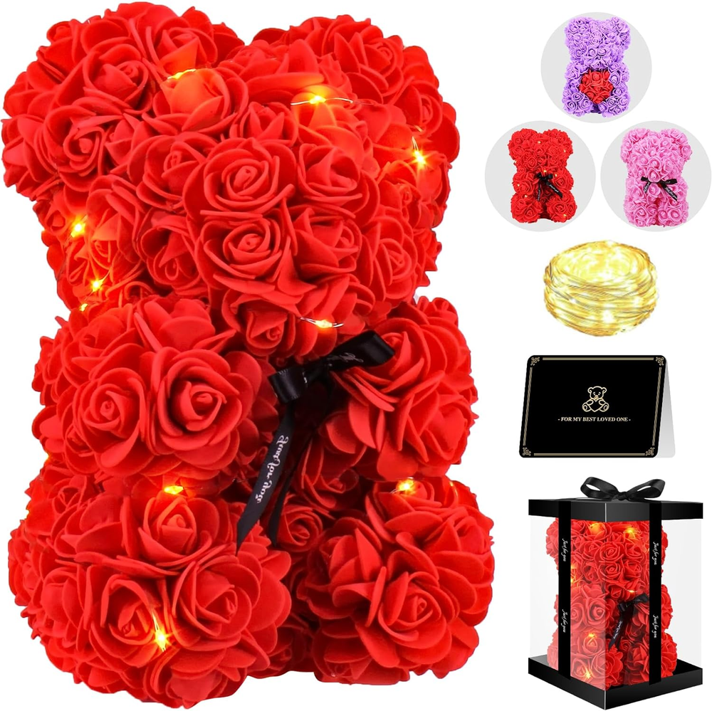 Bear Rose Valentines Day Gifts for Her, 9 Inch Flower Bear with Led Light, Birth