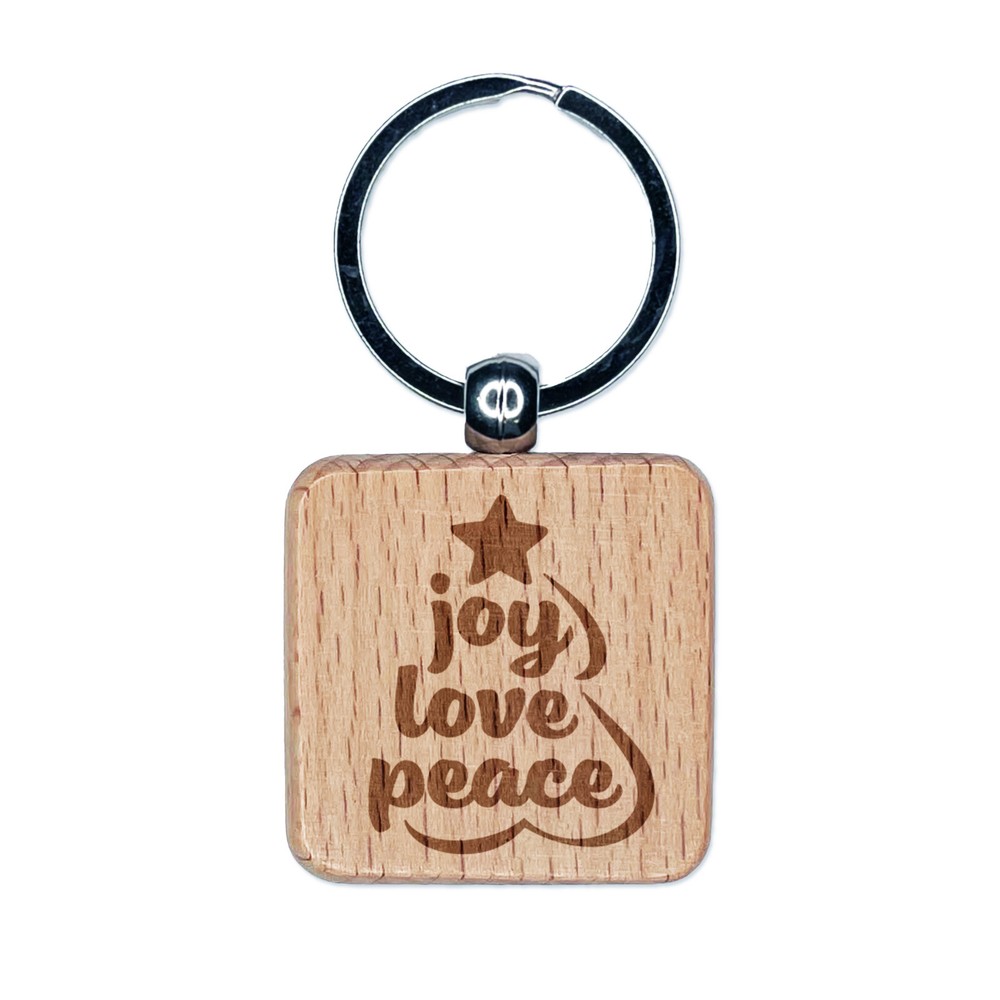 Festive Christmas Tree Engraved Wood Keychain with Joy Love Peace