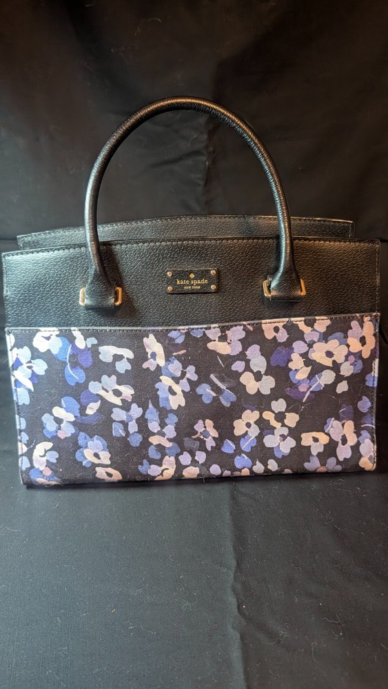 Kate Spade Leather Black Handbag with Blue Flowers Canvas Crossbody