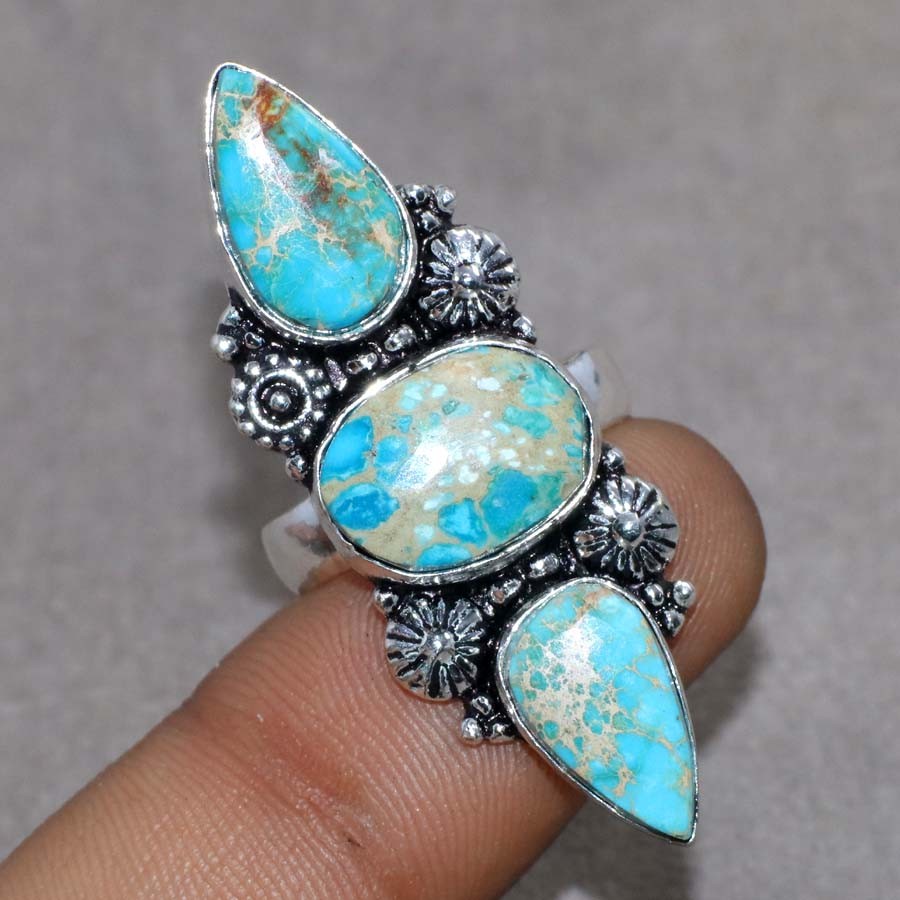 Long Blue Sea Sediment Jasper 925 Silver Plated Ring US 8 Daily Wear Gift JW