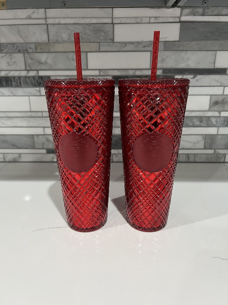 Lot of 2 Starbucks Red Jeweled Venti 24 oz Tumbler Cold Cup 2021 Winter Holiday