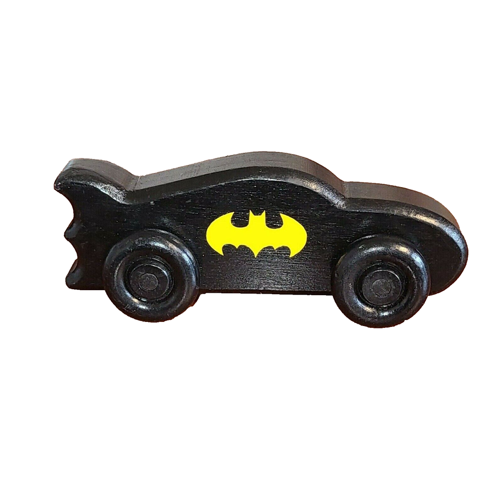Hand crafted wooden Batmobile toy. black wIth yellow batman logo 5