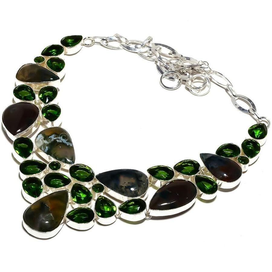 Christmas Sale Moss Agate Stone Chrome Diopside 925 Silver Unique Chain Necklace-image
