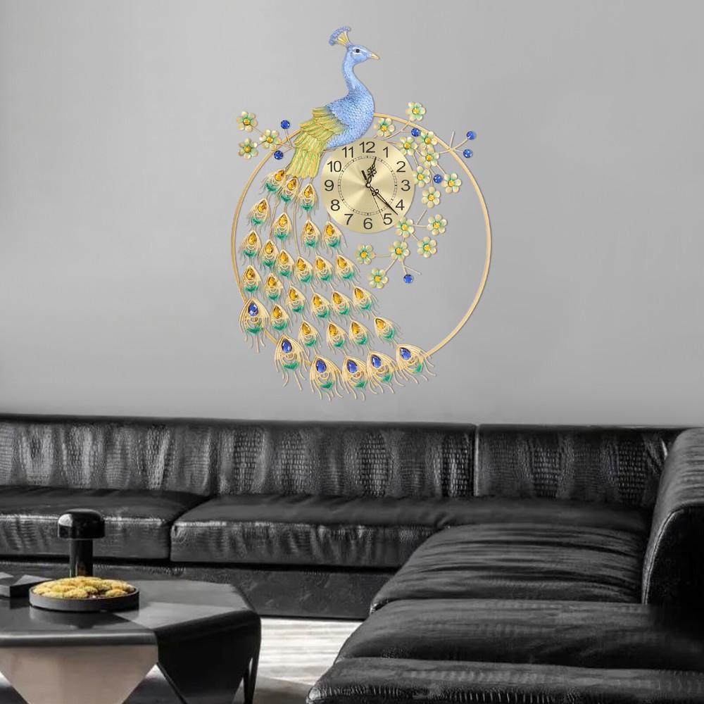 Peacock Feather Wall Clock Battery Operated Silent Living Room Decor