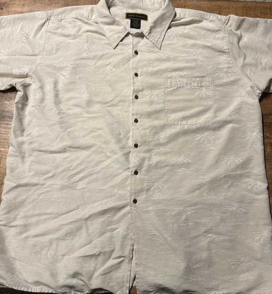 George Foreman 2XL Tall Cream Button Down Short Sleeve Shirt with Palm Trees Design