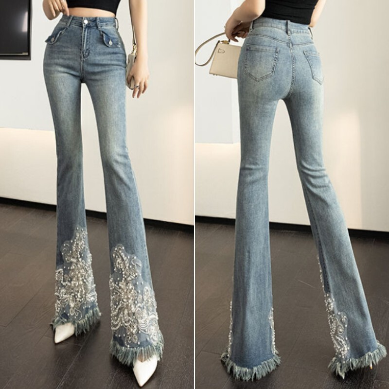 Women's High Waist Flared Jeans with Tassel Bead Embellishment