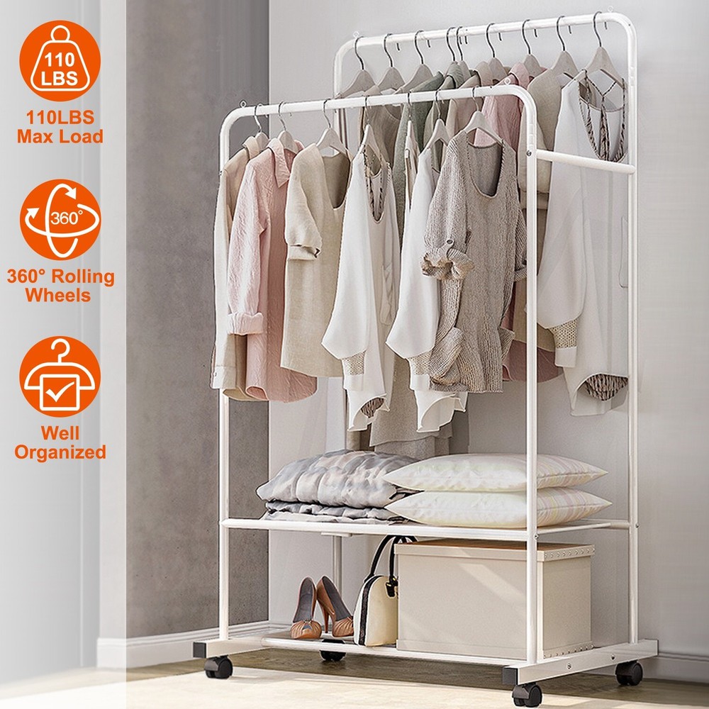 Heavy Duty Double Rail Rolling Garment Rack with Shoe Storage-image