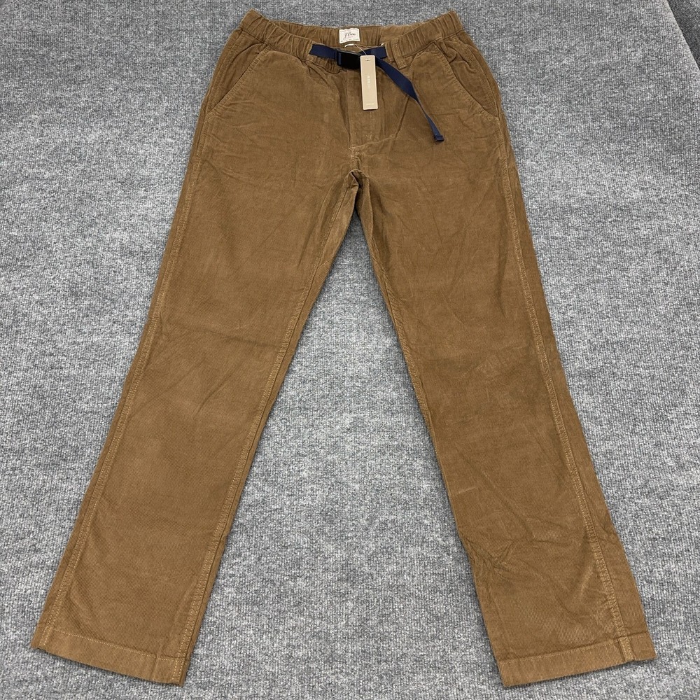 J.CREW Corduroy Pants Mens M Brown Belted Elastic Waist Relaxed Straight NEW