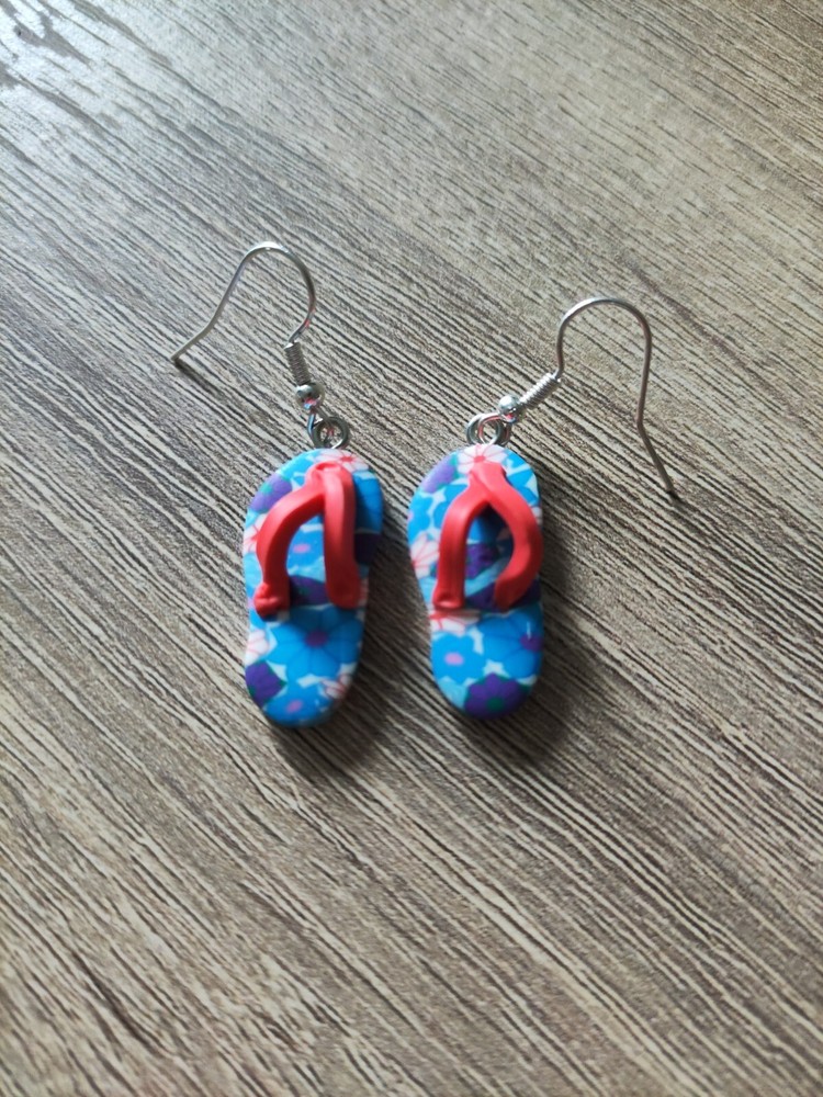 Silver Plated Fish Hook Earrings with Clay Flip Flop Pendant