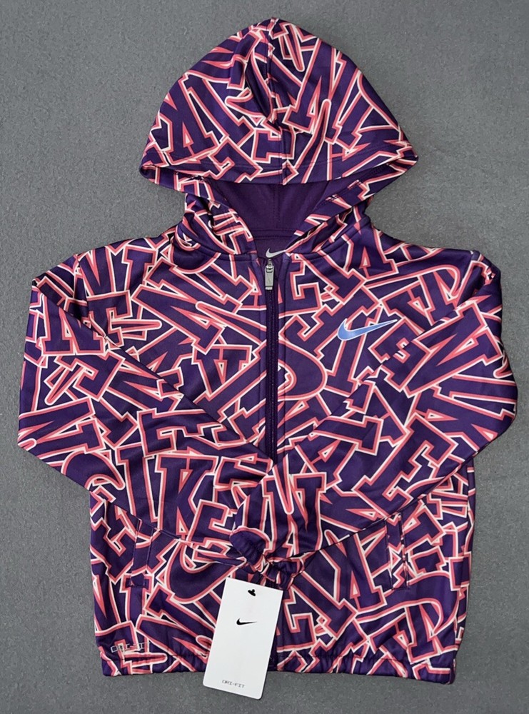 Nike Dri-Fit Girls Hoodie patterned zip up Purple & Pink size 6 medium 5-6 YRS