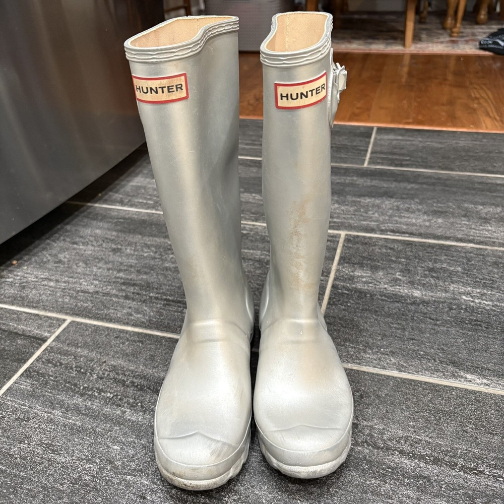 Hunter Original Kids Metal Rain Boots US 4 EU 36 Gray Silver  