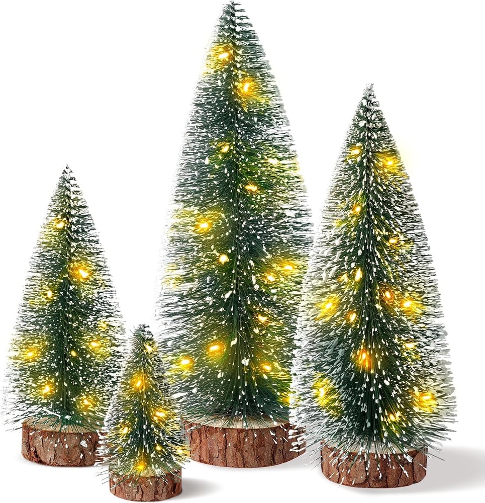 4PCS Mini Christmas Tree with Lights, Bottle Brush Trees, Christmas Table Decora