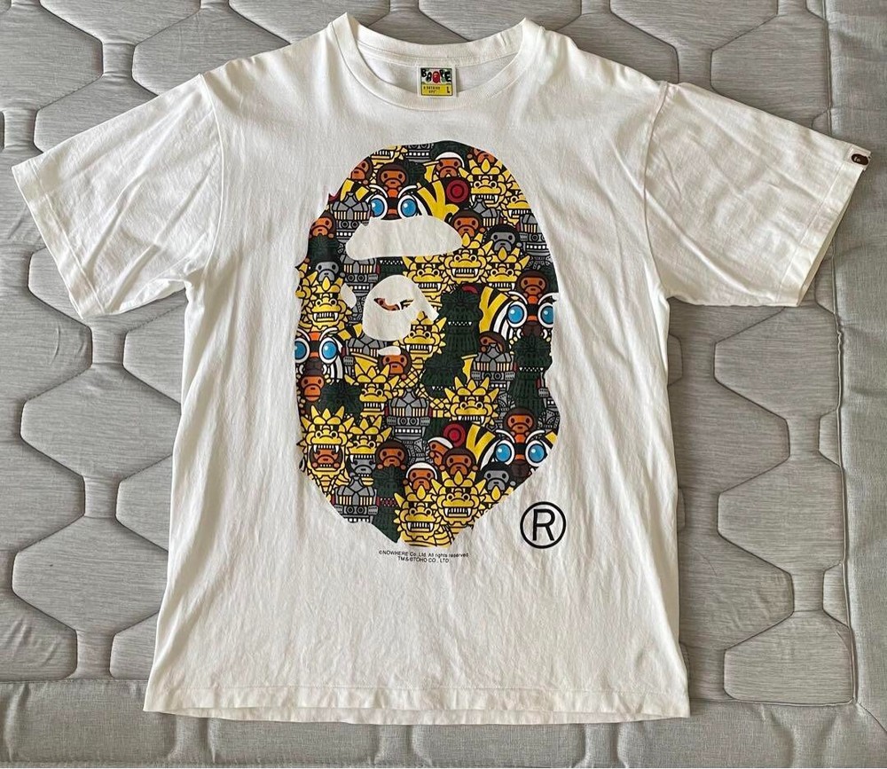 A BATHING APE GODZILLA TEE WHITE Printed T-shirt Short sleeve Men Size L Used