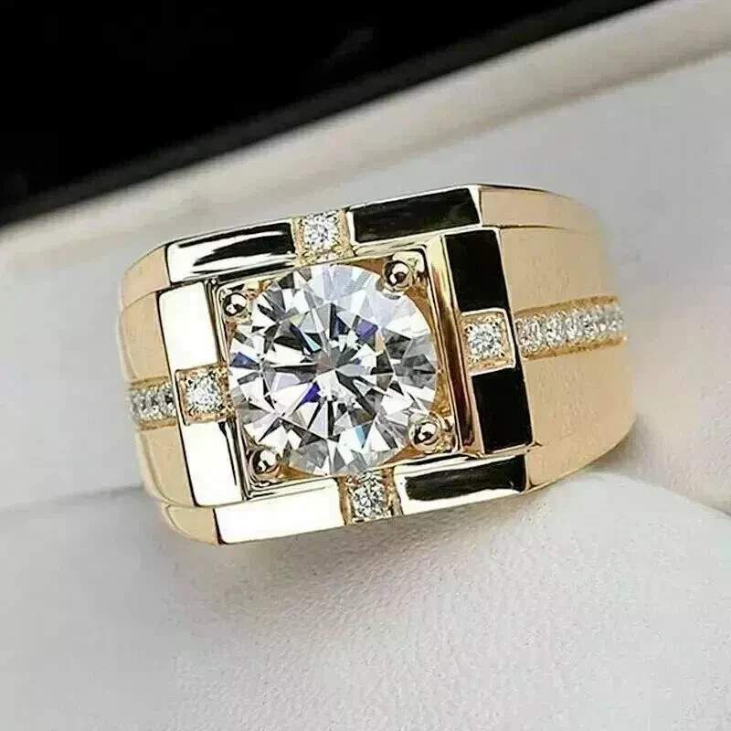 3.00Ct Round Cut Moissanite Engagement Men's Ring 14k Yellow Gold Plated SZ-14