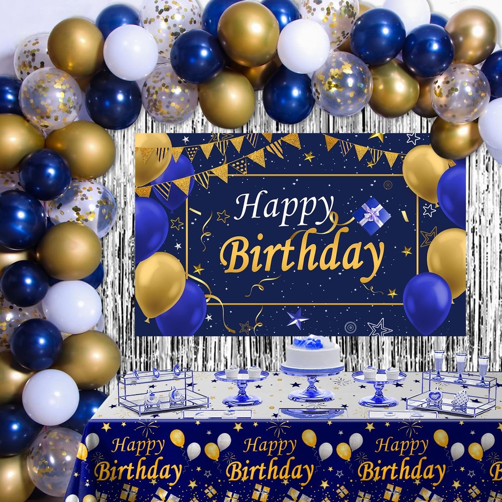 Blue and Gold Birthday Decorations for Men Women, Happy Birthday Decorations ...