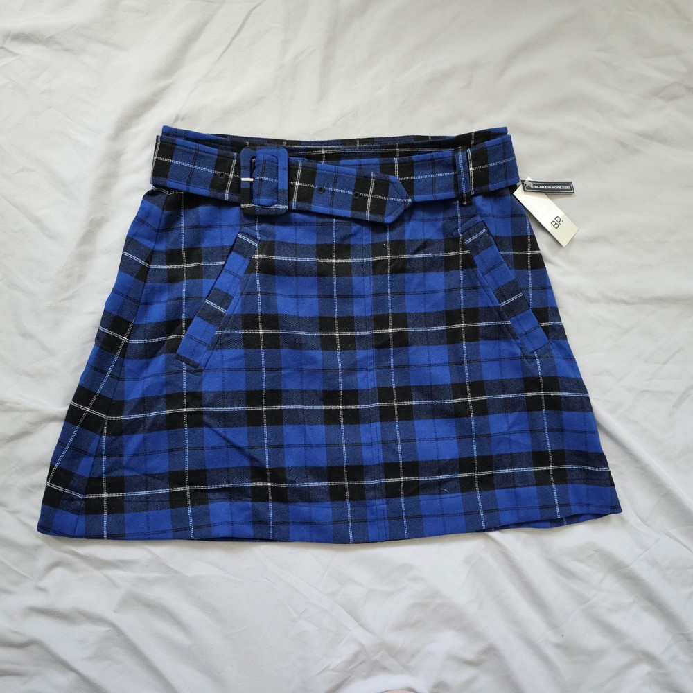 Preppy Blue Plaid Mini Skirt with Belt & Side Pockets - New BP