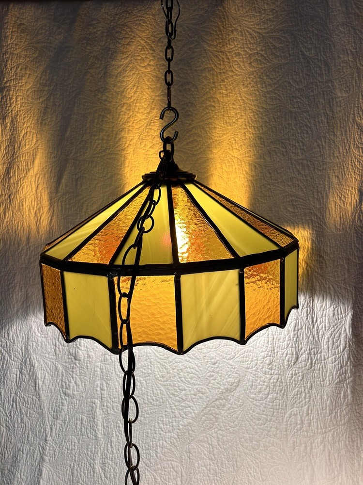 Antique 32 Panel Leaded Stained Slag Glass Hanging Swag Ceiling Lamp Deco 16”