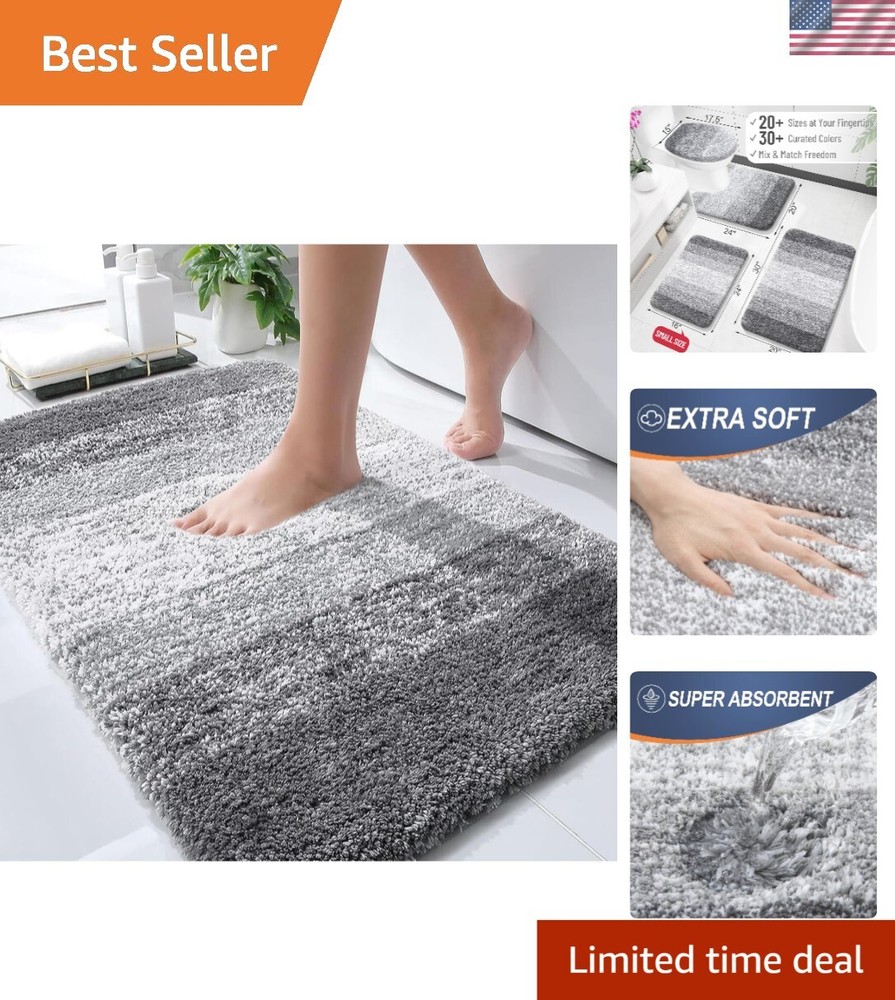 Modern Grey Plush Microfiber Bath Mat 30x20 - Non-Slip & Stain Resistant