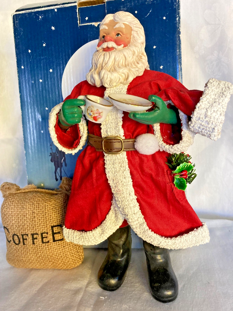 Clothtique by Possible Dreams Santa MORNING BREW In BOX w/ Coffee Sack