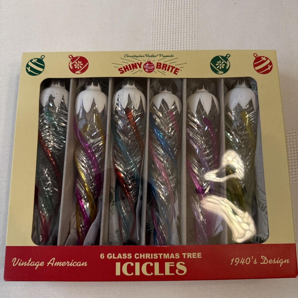 CHRISTOPHER RADKO SHINY BRITE BOX OF 6 ICICLES 6”  CHRISTMAS ORNAMENTS W/tinsel