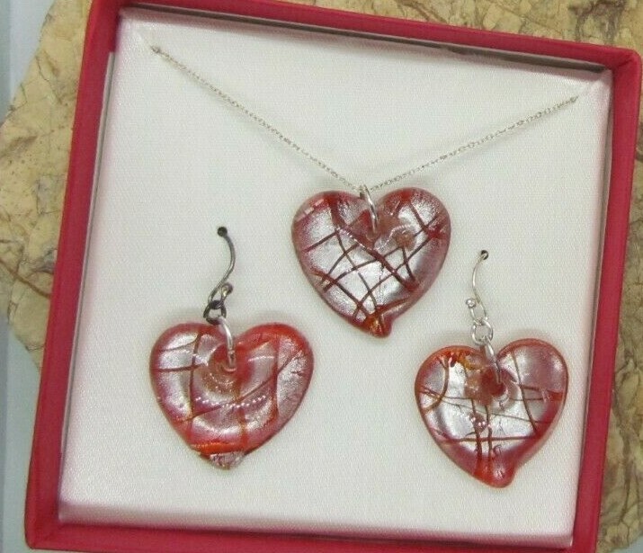 $80 Sterling Silver HEART GLASS Necklace Earring Set 925 New 18