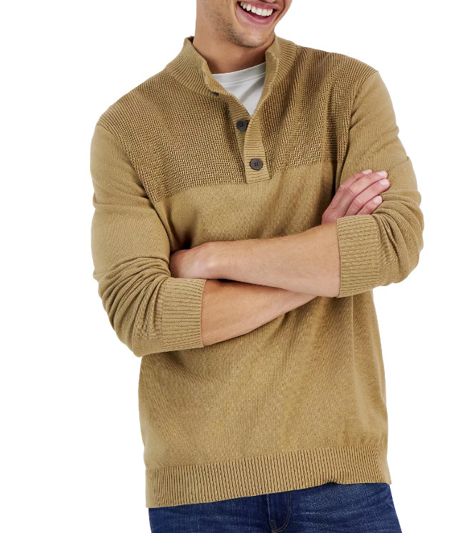 Club Room Men's Button Neck Sweater L Camel Tan Mock Neck Pullover