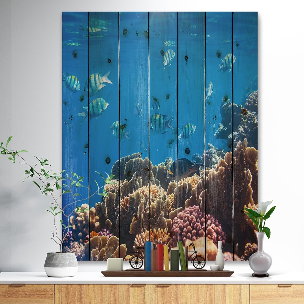 Designart 'Bright Blue Waters And Coral Fish' Nautical & Coastal Wood Wall Art