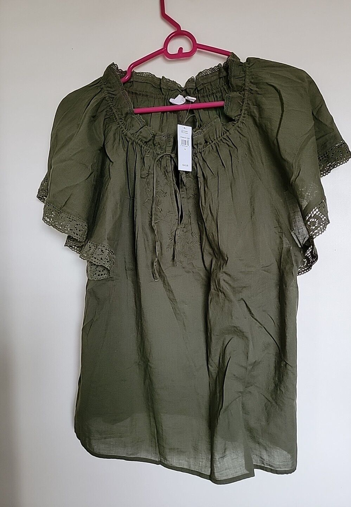 Gap Women’s Olive Embroidered Boho Peasant Short Sleeve Top Sz L NEW