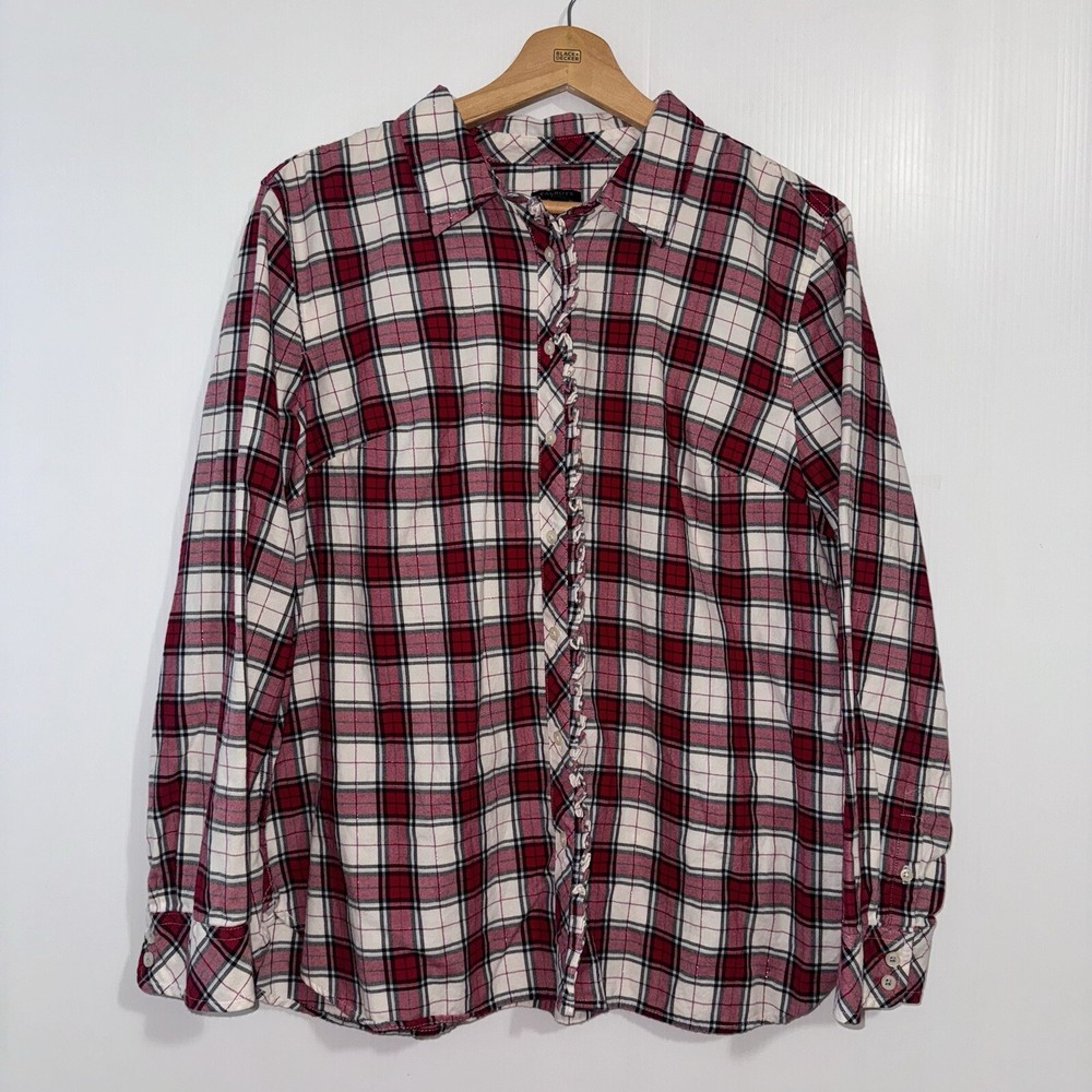 Talbots Women’s Plaid Button Front Flannel Shirt Ruffle Metallic Red White XLp