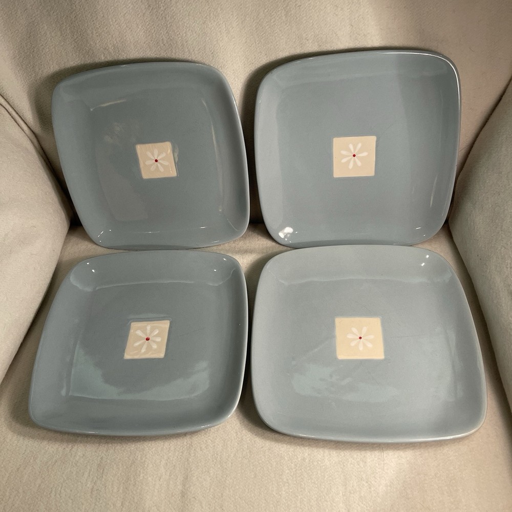 Pfaltzgraff Dazee Sky Square Stoneware Salad Plates Blue W/ White Daisies 8” Set