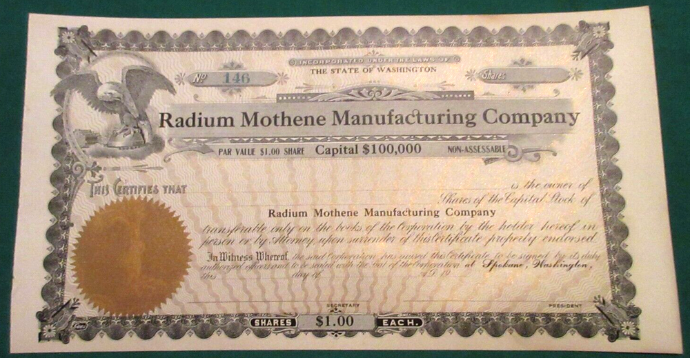 Vintage Unused Capital Stock Shares - Radium Mothene Manufacturing Co Spokane WA