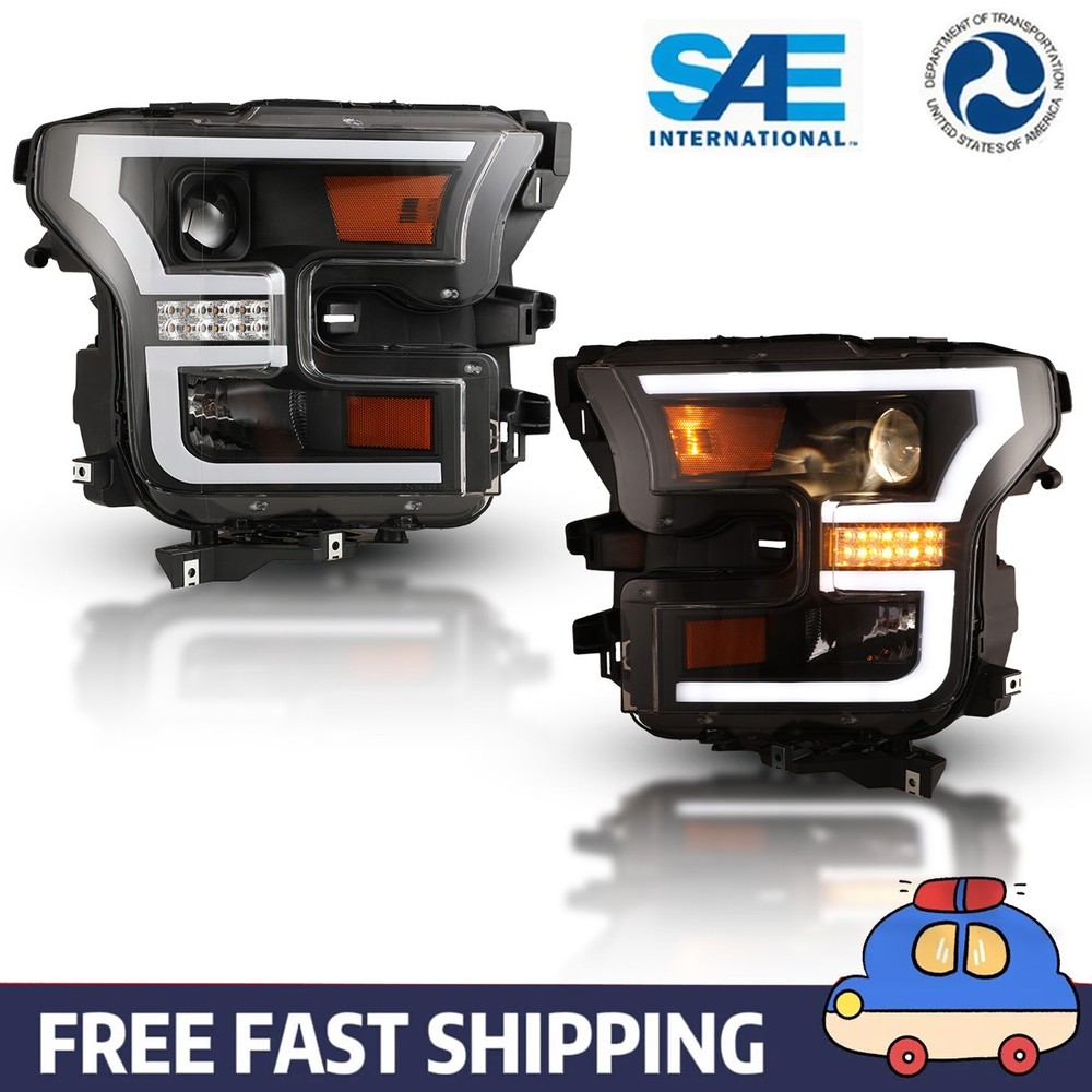 For 2015 2016 2017 Ford F-150 F150 LED Bar Projector Headlights Headlamps Black
