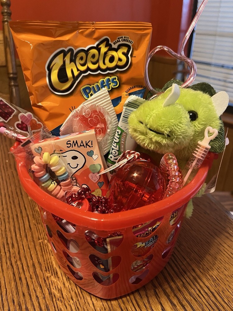 Valentines Day Gift Basket With Plush,Candy, Chips, Notepad, Pencil And More!-image